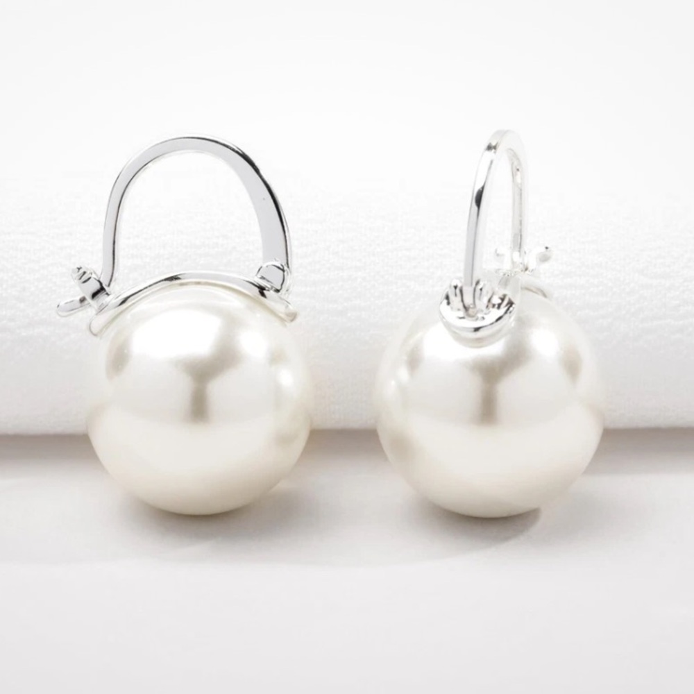 SILVER White Pearl Drop Earrings Blanche Huggie Hoop Round Beads Alicia Bonnie